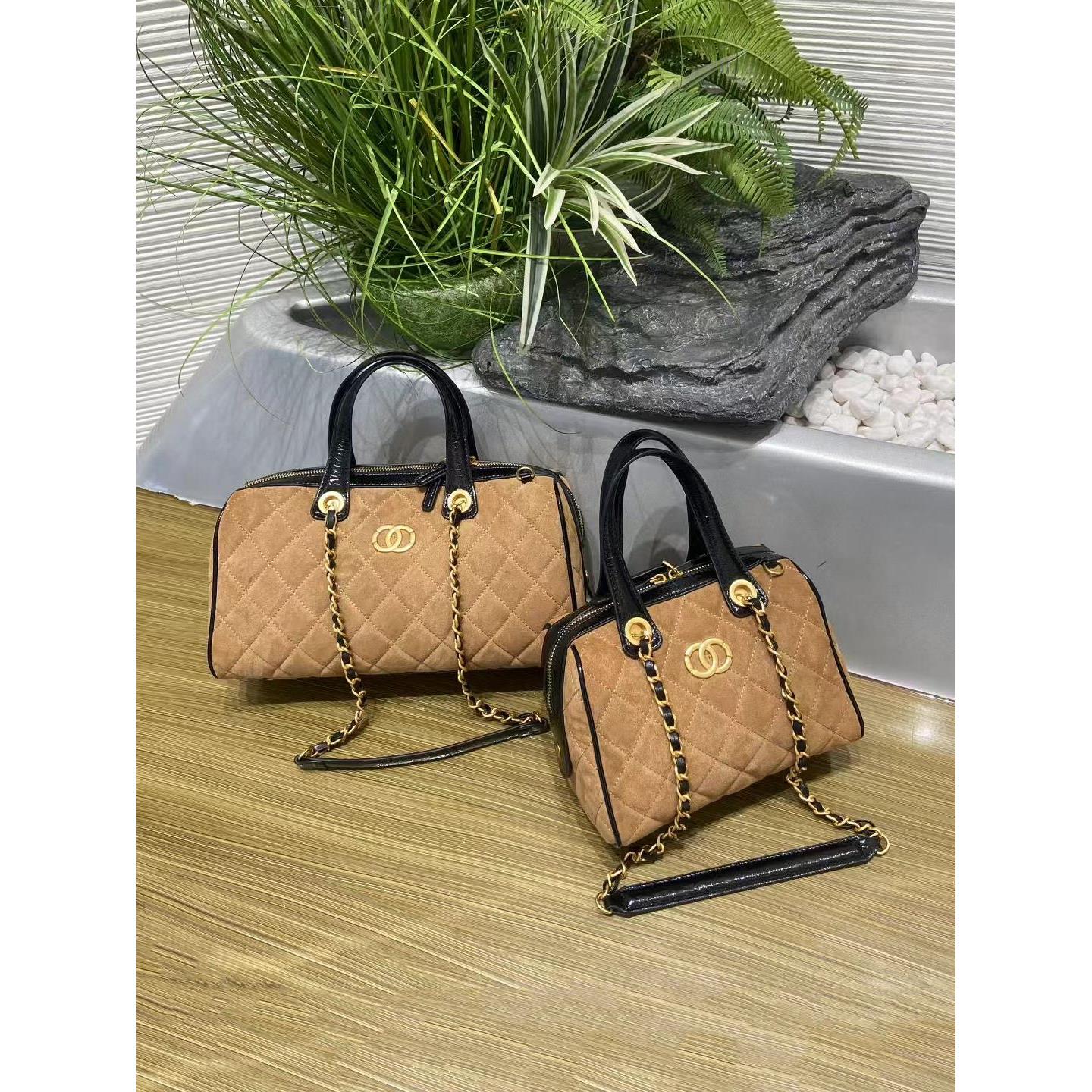 小香风中古保龄球包包女2025新通勤手提包磨砂麂皮链条单肩腋下包