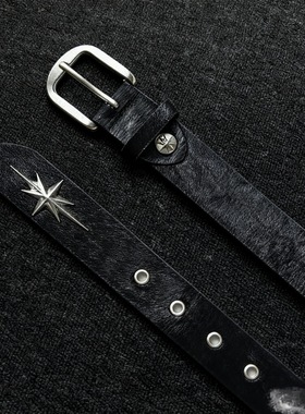 Remedy国潮原创设计金属八芒星斑马纹豹纹真马毛皮带腰带男女潮牌