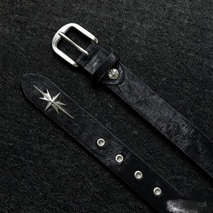 Remedy国潮原创设计金属八芒星斑马纹豹纹真马毛皮带腰带男女潮牌