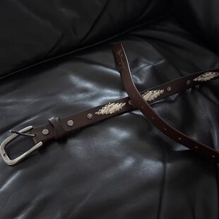 25AW 棱形格撞钉交叉松弛双色真马毛头层牛皮鹿纹腰带 UGLY NOT