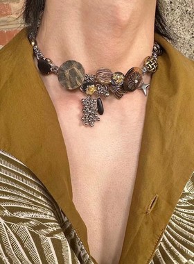 黑金木纹中式朋克项链黄铜做旧