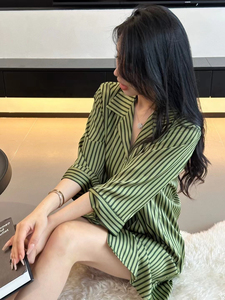 冰丝睡裙夏季女款绿条纹高级感2024年夏天女士男友衬衫风薄款睡衣