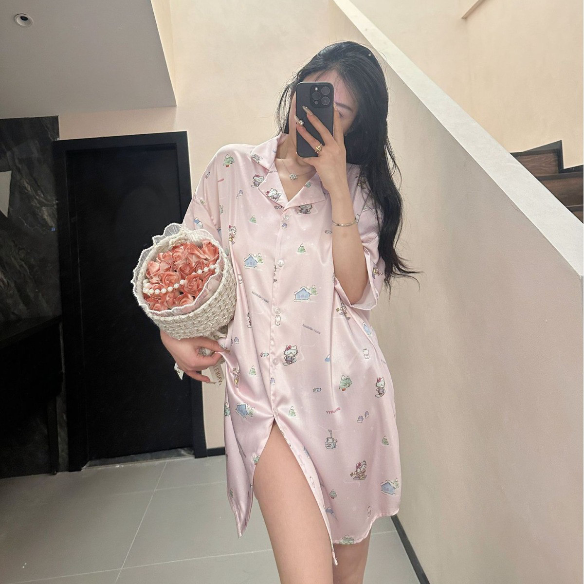 性感睡衣夏季冰丝衬衫裙冰婞粉色可爱甜美KT猫宽松仿真丝薄款睡裙