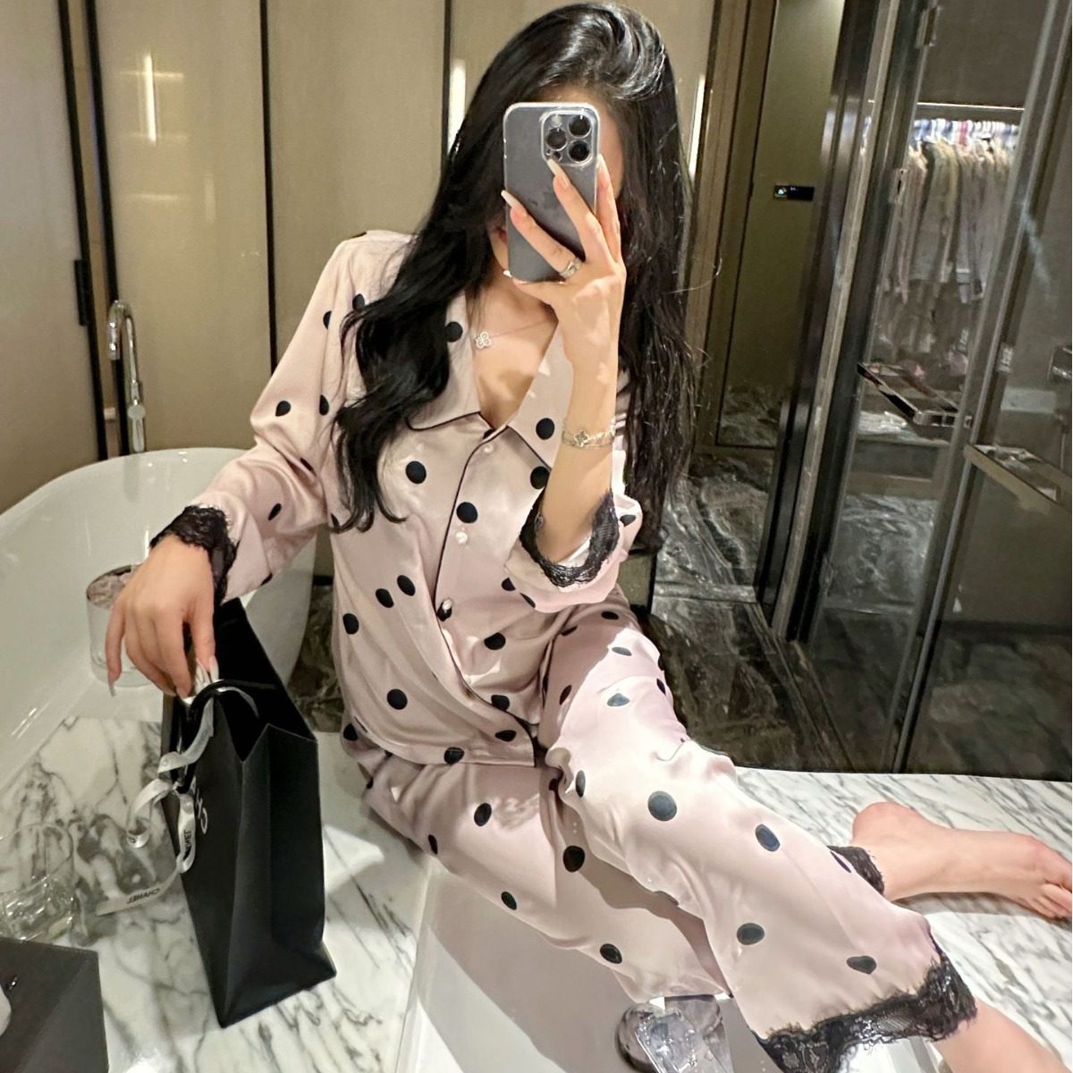 春秋冰丝睡衣女长袖甜美蕾丝边娃娃领黑粉波点夏季女士薄款家居服