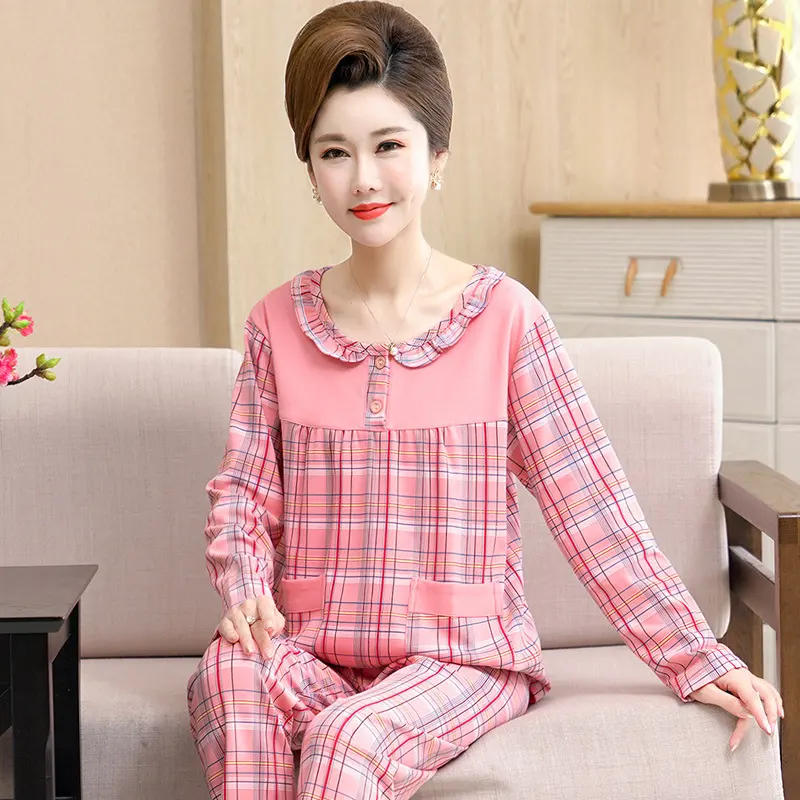 睡衣女士夏季纯棉长袖中年妈妈大码薄款春秋季中老年人家居服套装