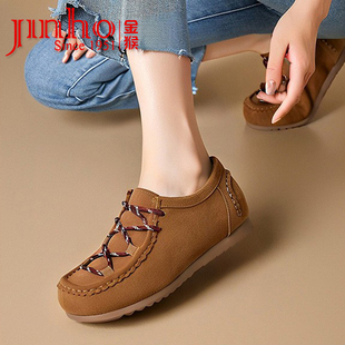 金猴土黄色女鞋2025秋季新款 真皮软底舒适袋鼠鞋休闲通勤女单鞋