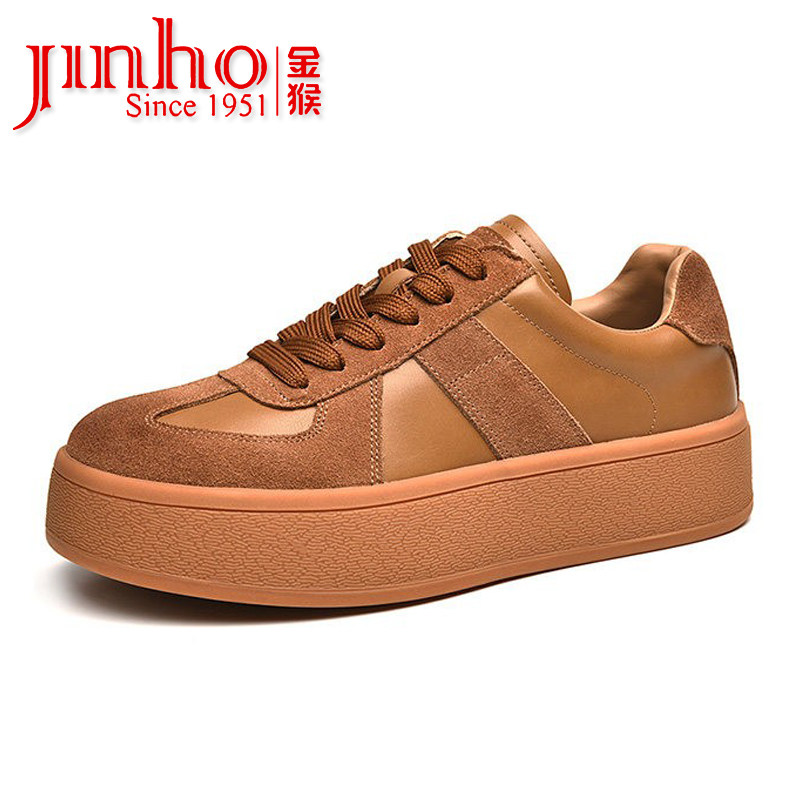 金猴德训鞋女秋季新款ins复古厚底棕色板鞋牛皮系鞋带运动休闲鞋