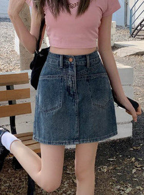 77076-035大码胖mm短裙牛仔a字半身裙显瘦遮胯高腰裙子设计感小众