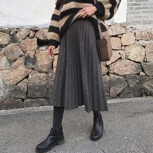 99048-040大码毛呢百褶半身裙子胖mm遮肚显瘦梨型身材a字长裙冬