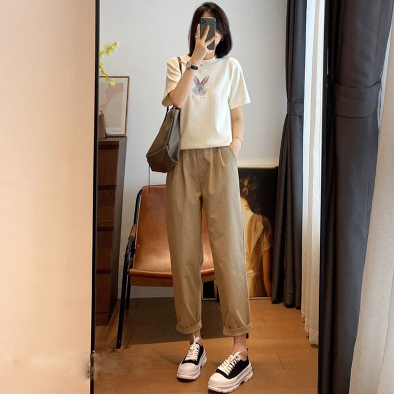 99107-038休闲裤女大码胖妹妹九分哈伦裤遮胯显瘦小脚裤子小个子