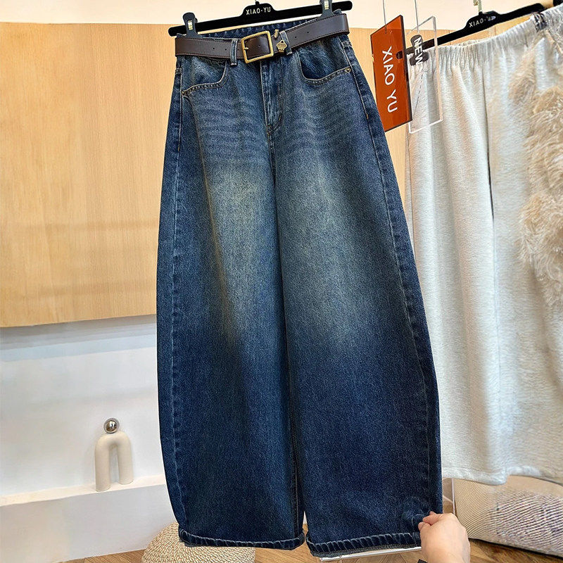 77223-42弯刀牛仔裤子女胖mm大码显瘦遮胯梨型身材高腰宽松阔腿裤
