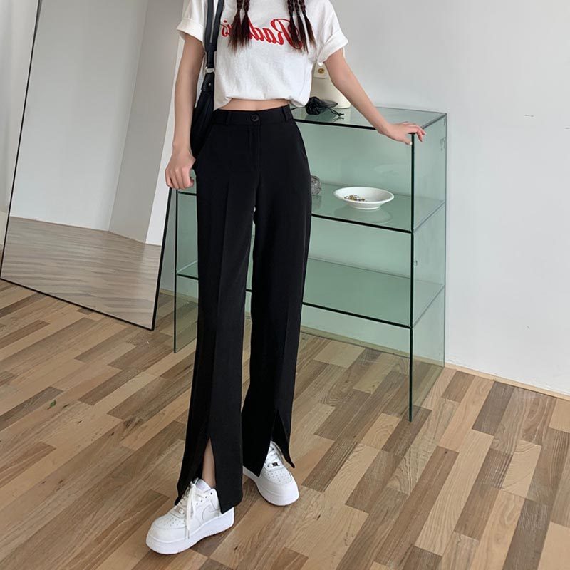 9389-040开叉阔腿休闲裤大码女胖mm显瘦梨型身材高腰直筒西装裤