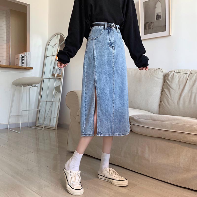 9395-035适合胖人的裙子洋气大码a字牛仔半身裙微胖穿搭高腰显瘦