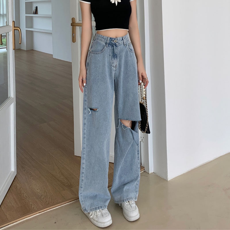 9888-038破洞牛仔裤大码炸街胖mm梨型身材阔腿高腰裤子显瘦遮胯