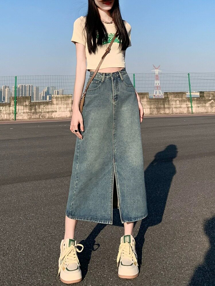 77102-037复古蓝牛仔裙大码半身裙子胖mm遮肚子显瘦梨型身材长裙