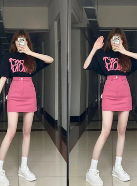 9881-034梨型身材a字短裙胖mm显瘦遮肚大码女装玫红色牛仔半身裙