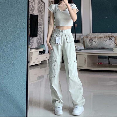 美式工装裤女直筒胖mm大码牛仔裤