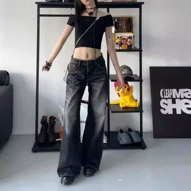 77117-042宽松阔腿牛仔裤女大码梨型身材胖mm痞帅炸街裤子显瘦