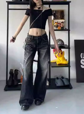 77117-042宽松阔腿牛仔裤女大码梨型身材胖mm痞帅炸街裤子显瘦