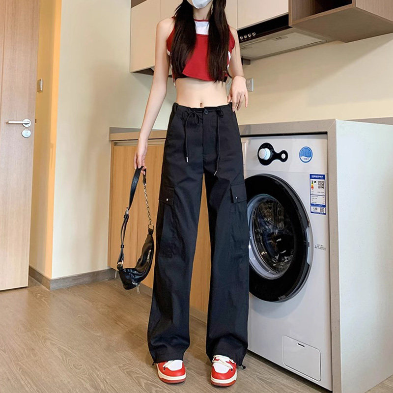 99178-045黑色工装裤子女大码胖mm显瘦梨型身材高腰阔腿西装裤子