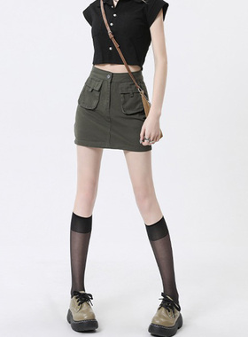 77093-038军绿色工装裙半身包臀裙大码胖mm梨型身材藏肉短裙子女