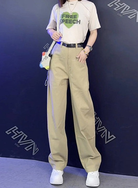 99177-042卡其色美式工装裤女高腰宽松阔腿休闲裤大码女胖mm显瘦