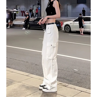 米白色美式工装裤女胖mm大码显瘦