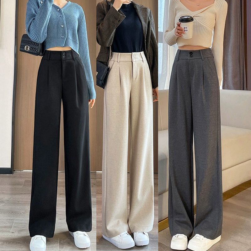 99202-045毛呢阔腿裤胖mm大码高腰直筒休闲裤子女遮胯显瘦秋冬