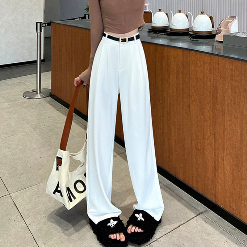 9820-038米白色西装裤子女胖mm大码显瘦梨型身材垂感阔腿直筒裤