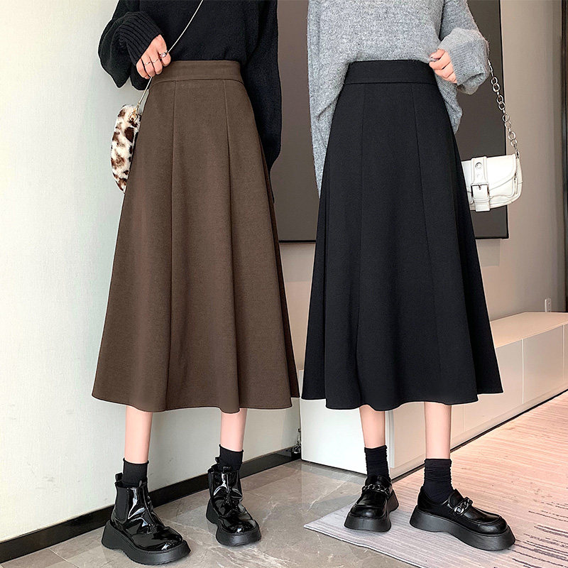 99133-040咖色毛呢a字大码高腰半身裙子胖mm显瘦苹果型身材秋冬