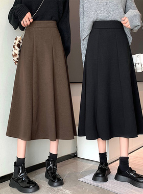 99133-040咖色毛呢a字大码高腰半身裙子胖mm显瘦苹果型身材秋冬