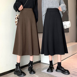 99133-040咖色毛呢a字大码高腰半身裙子胖mm显瘦苹果型身材秋冬
