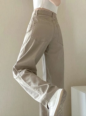77099-038卡其色裤子梨形身材粗腿宽胯直筒牛仔裤大码女胖mm显瘦