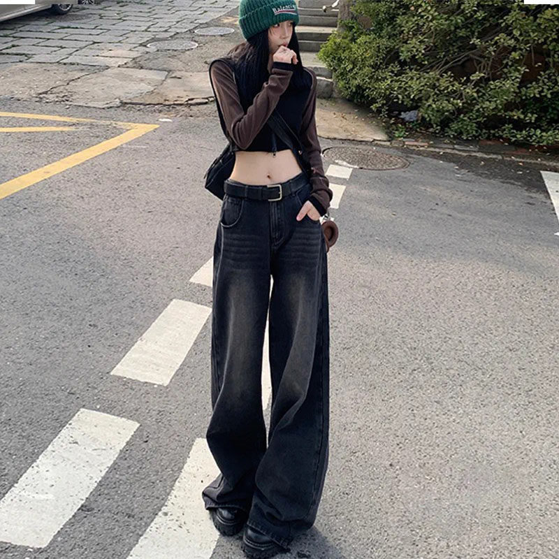 黑灰色阔腿牛仔裤女大码胖mm显瘦