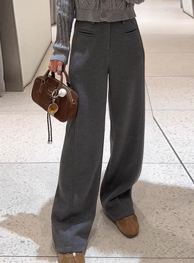 99258-47灰色毛呢弯刀裤子女胖mm大码显瘦梨型身材高腰阔腿香蕉裤