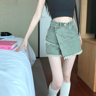 胖mm显瘦梨型身材短裙设计感 裙大码 77086 035不规则毛边牛仔短裤