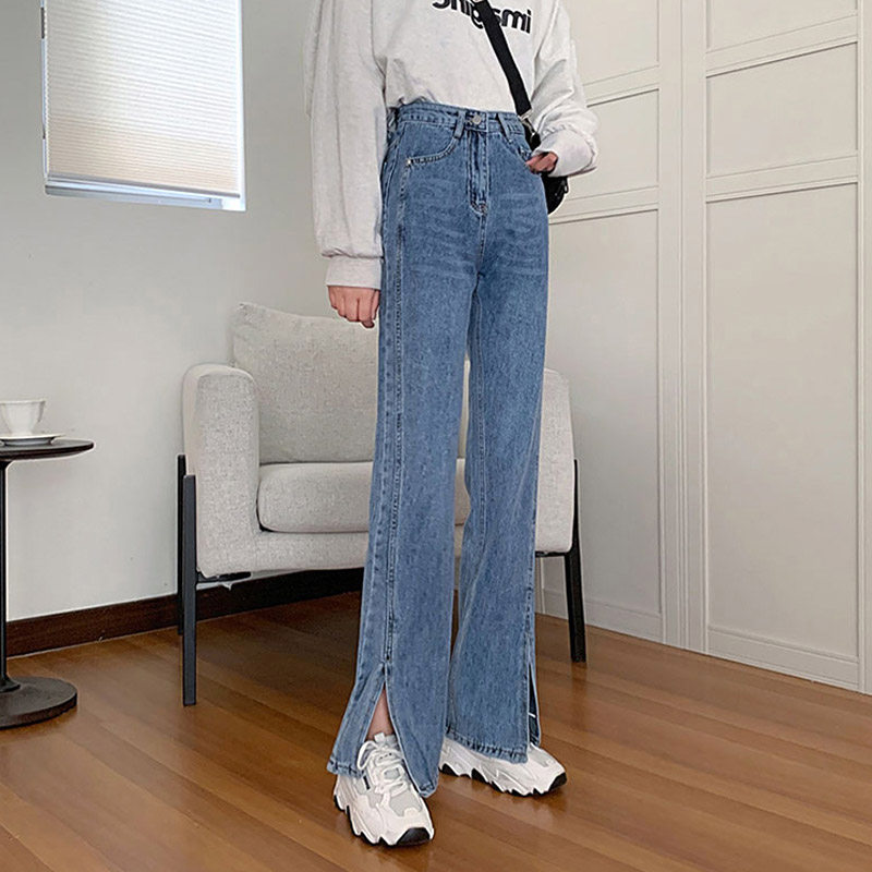 9388-038开叉牛仔裤女大码胖妹妹高腰直筒梨型身材遮胯显瘦阔腿裤