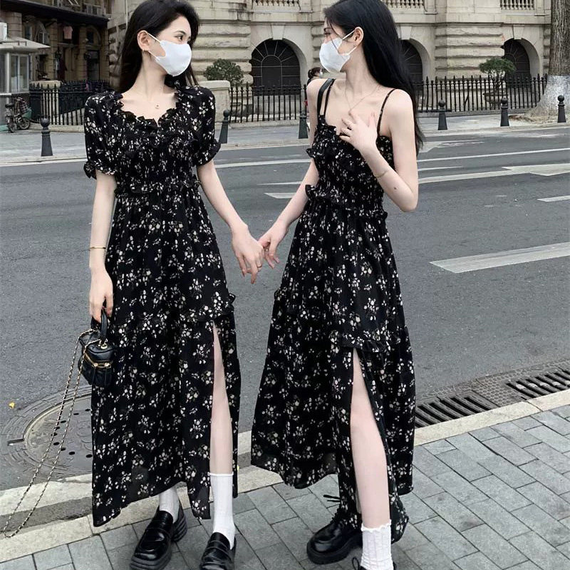 99223-054茶歇法式碎花连衣裙大码女胖mm气质温柔风遮肚子显瘦夏