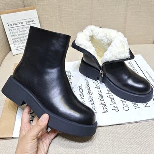 2025冬季平底短靴女真皮保暖羊毛一体雪地靴粗跟厚底马丁靴女靴子