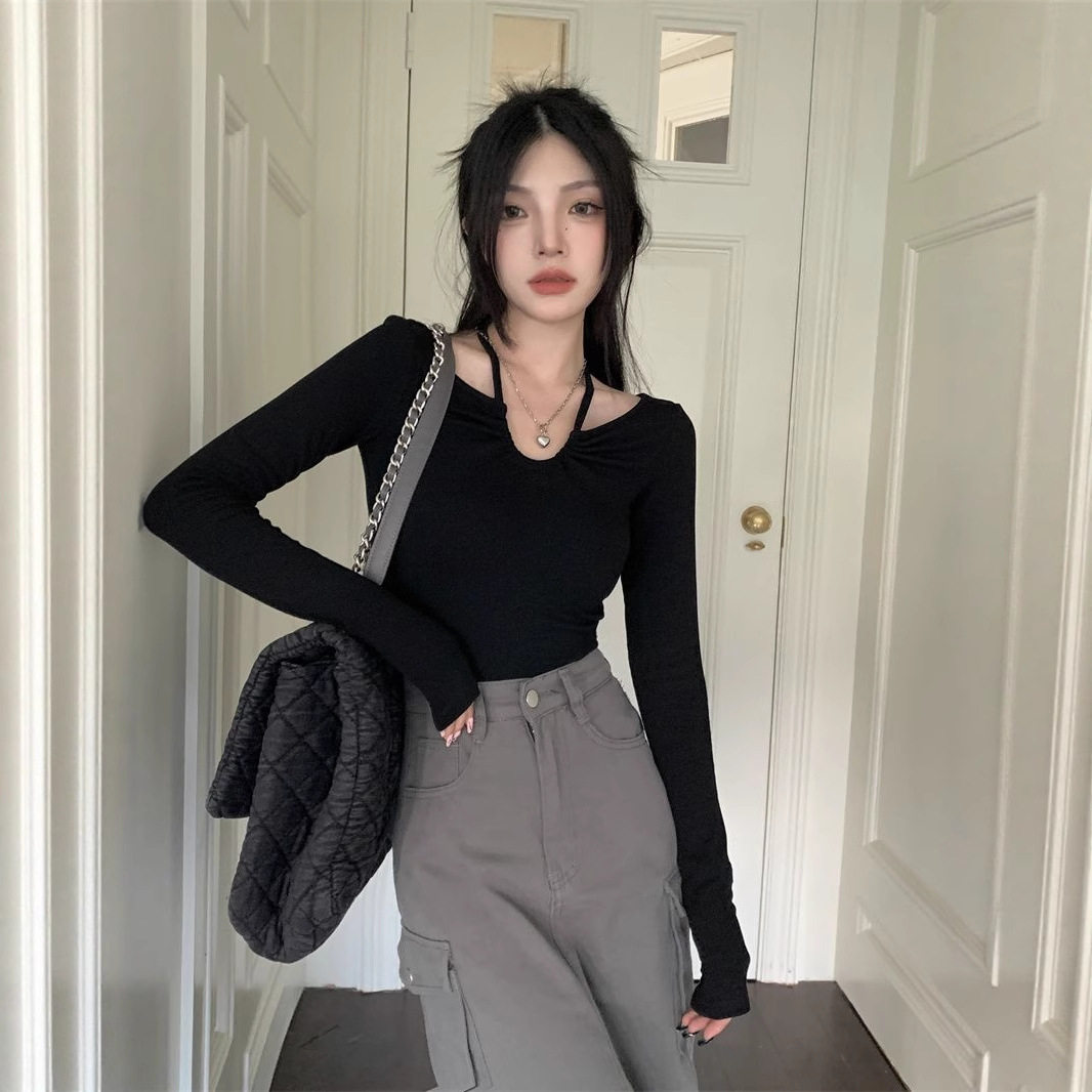 纯欲v领长袖T恤女春秋冬季打底衫高级感修身短款挂脖上衣女批发