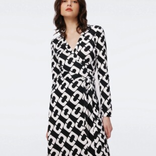 8码 10码现货！DVF经典黑白大锁链裹身连衣裙 Jeanne