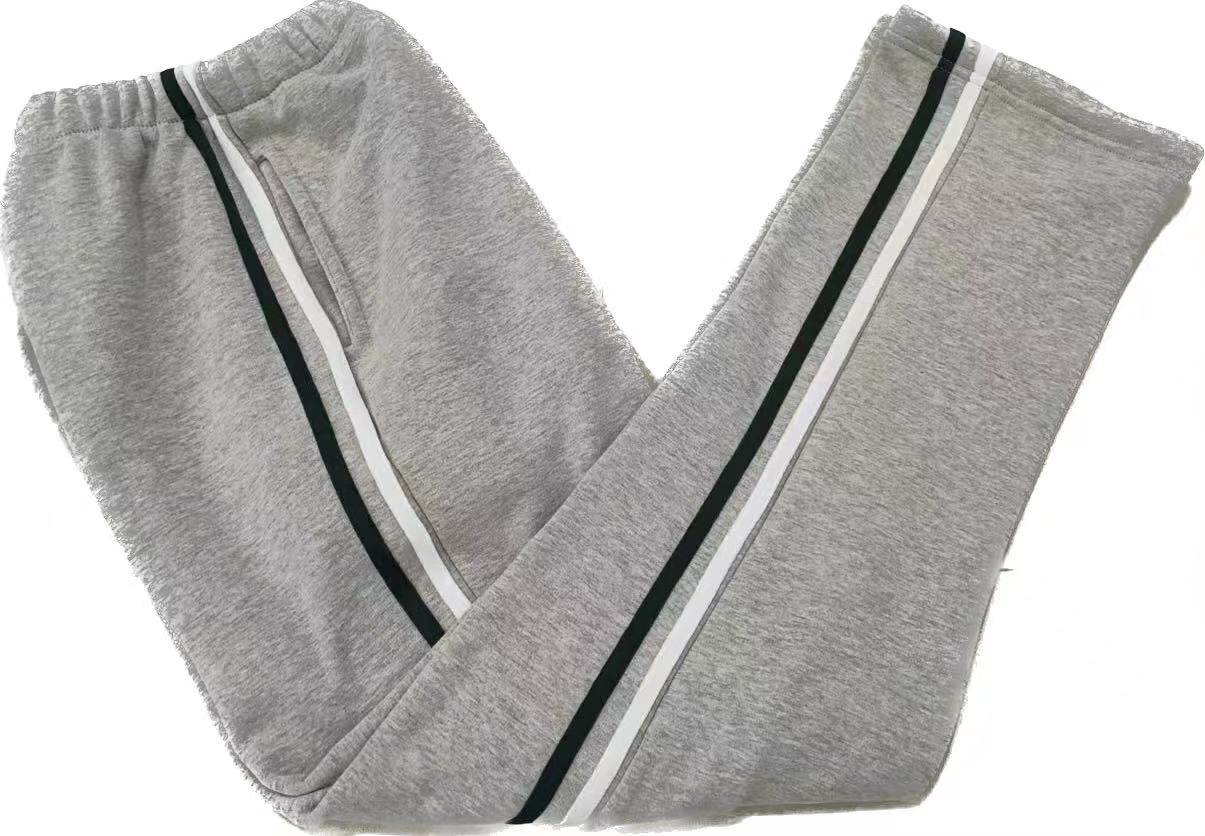 订做纯棉中小学生男女校服长裤浅灰色贴白墨绿条两道杠休闲运动裤