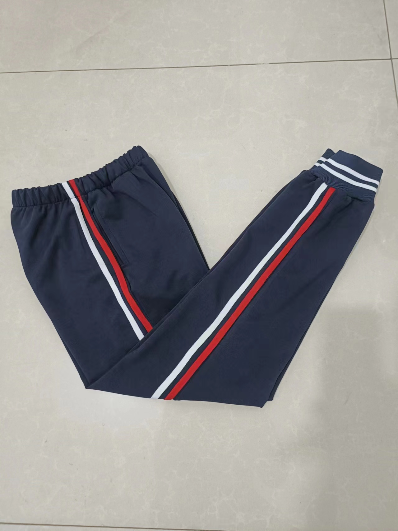 中高小学生深蓝色加红白条校服裤子长裤小学生两条杠束口休闲运动