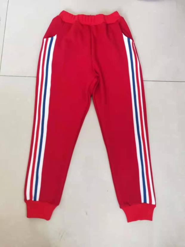 订做纯棉中高小学生男女校服红色拼蓝白条休闲裤中性款