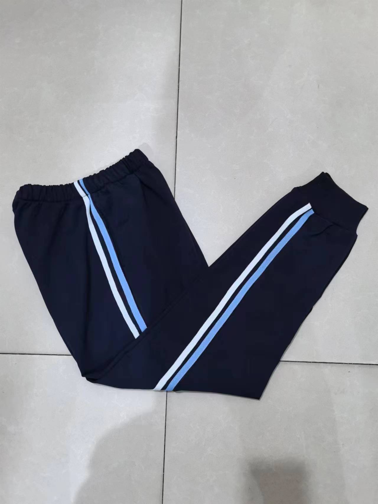 春秋冬季中小学生纯棉校裤深蓝校服裤浅蓝杠加白杠收口运动裤加绒