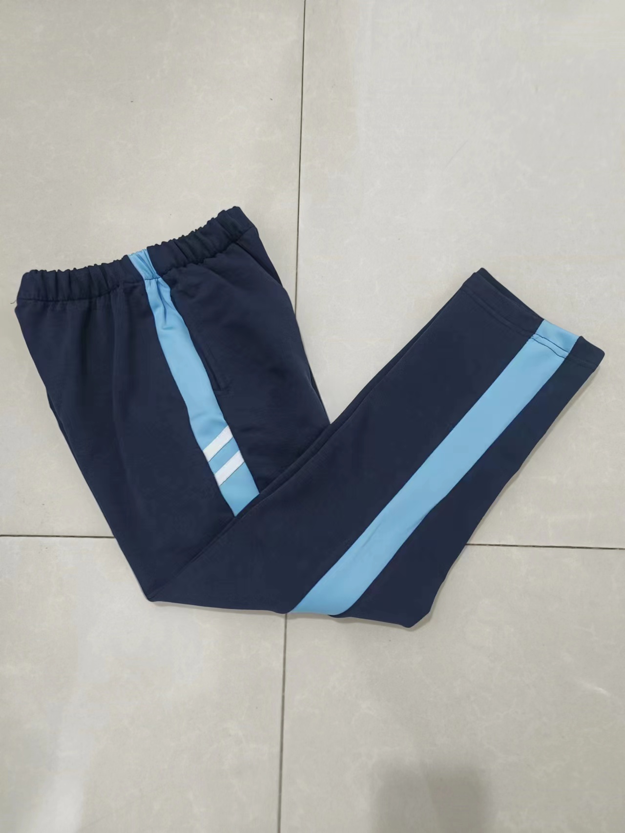 中高小学纯棉校服长裤藏蓝拼浅蓝宽杠上贴部分二白横条运动中性款