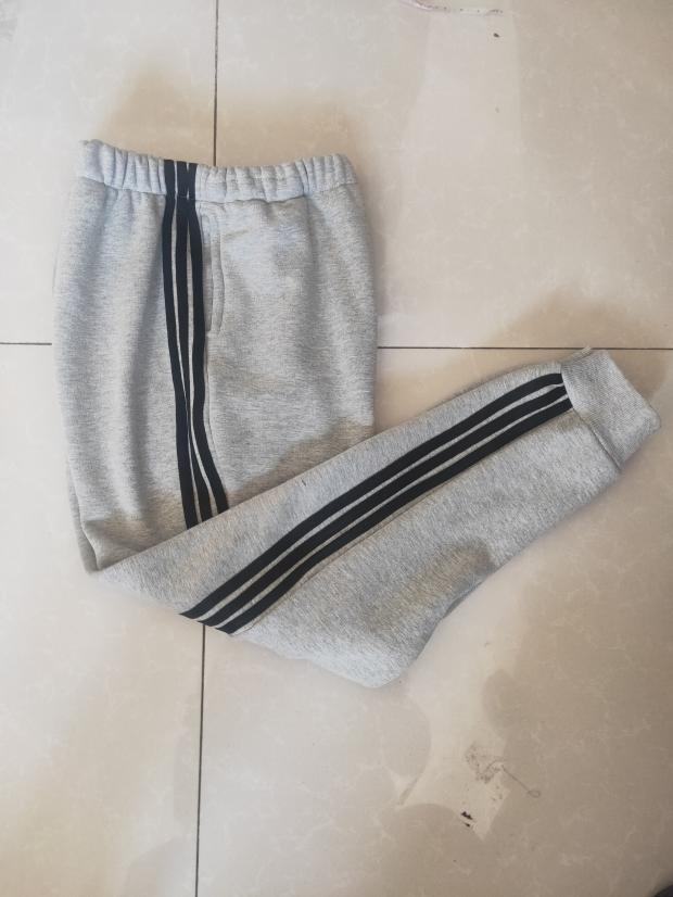 订做四季浅灰三根黑条杠束长裤