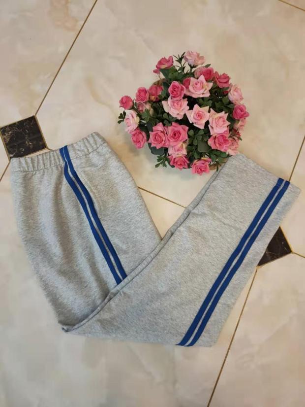 订做纯棉浅灰色宝蓝二道杠校服裤