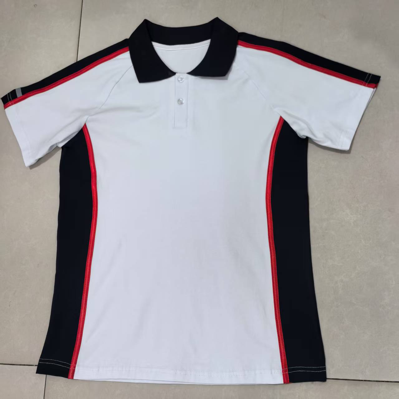 夏季纯棉校服半袖上衣藏蓝色拼接白色红条纹翻领短袖T恤初高中小
