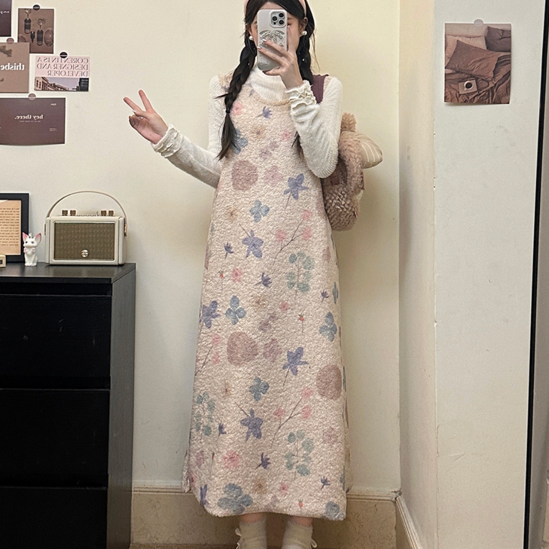 实拍大码女装可爱冬季甜美毛绒绒内搭上衣印花羊羔毛背心裙套装